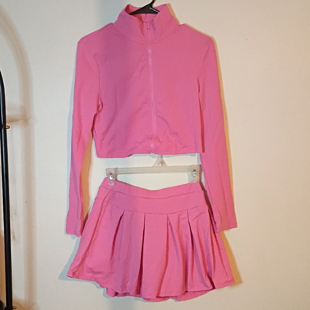 Chic Pink Cropped Jacket and Skort Set